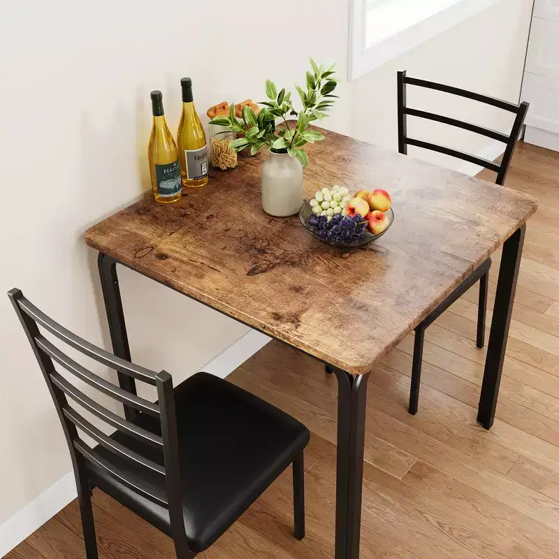 Dining Tables for 2, Kitchen Table and Chairs, Square Dining Table with 2 Metal and Wood Chairs, for Small Spaces, Apartment