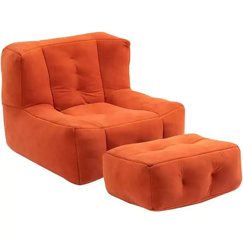 Fluffy Velvet Bean Bag Chair with Footstool, with Memory Foam, Modern Accent Chair for Living Room, Bedroom, Apartment, Red