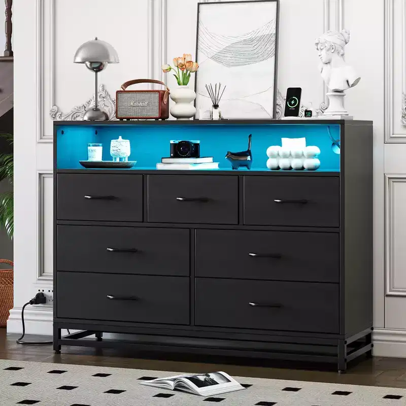 Dresser for Bedroom, 7-Drawer Black Wooden Dresser TV Stand with Charging Station & Lights, Modern Large Capacity Storage