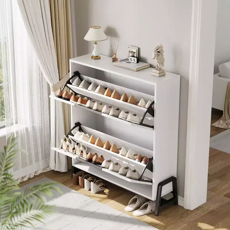 Shoe Cabinet with 2 Flip Drawers and Metal Legs, Freestanding Narrow Shoe Rack, Space-Saving Oak Shoe Storage Organizer for Entryway