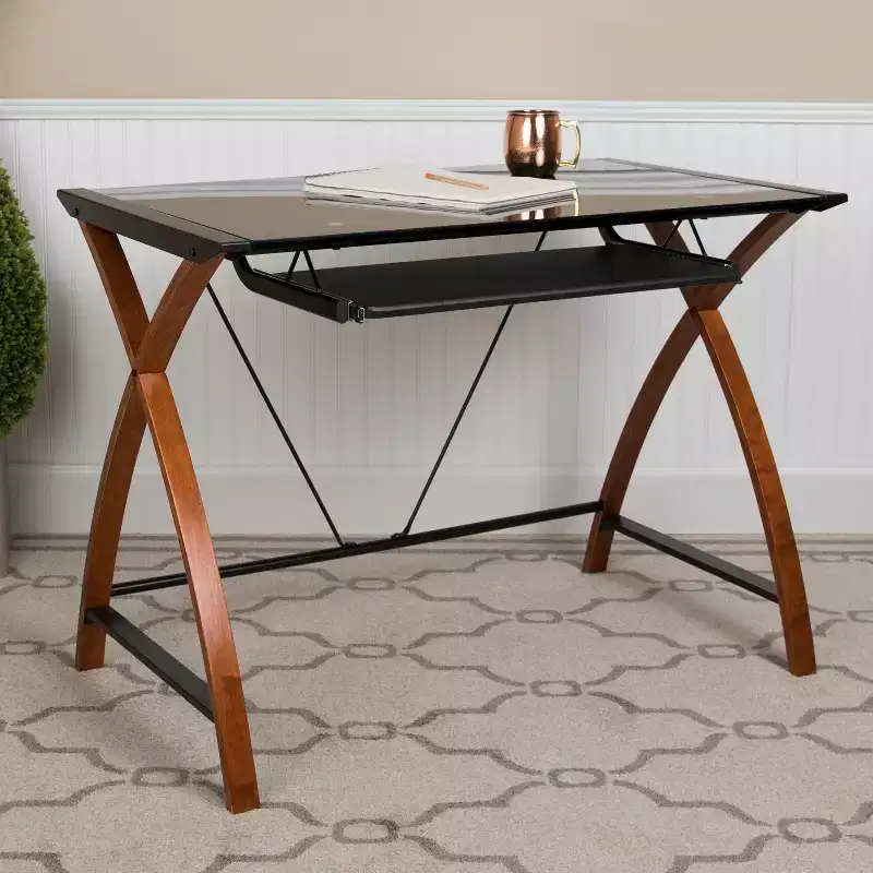 Emma and Oliver Glass Computer Desk-Pull-Out Keyboard Tray & Crisscross Frame