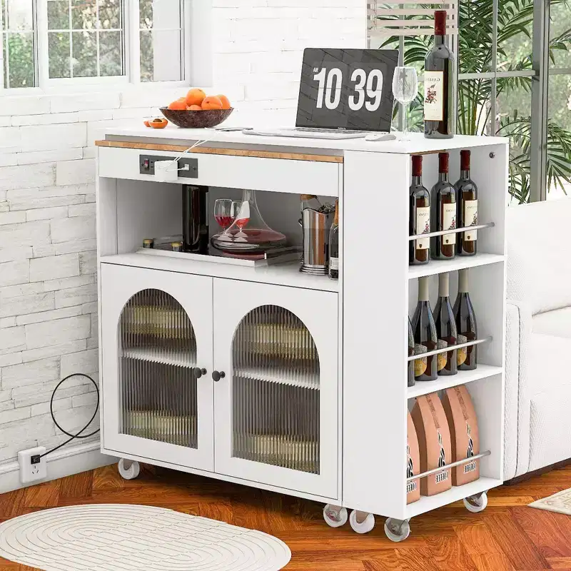 Rolling Kitchen Island with Extended Table, LED Lights, Power Outlets, Glass Doors, Storage, and Open Shelves
