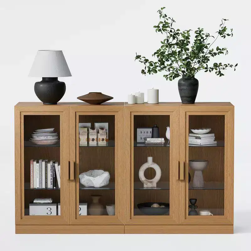 PexFix 62 W x 36 H Large Sideboard Buffet Cabinet with 4 Glass Doors 2 Adjustable Shelves for Kitchen Living/Dinning Room Bedroom Entryway Natural