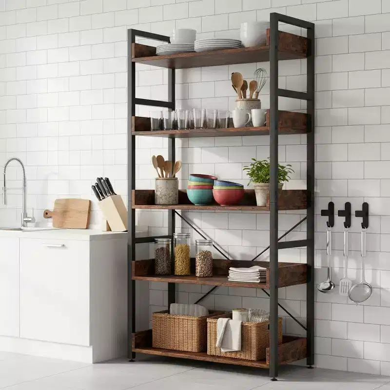 Gymax 1/2PC 5-Tier Storage Rack w/ Hooks Open Shelves Rustic Wood Grain Design Adjustable Feet Brown+Black