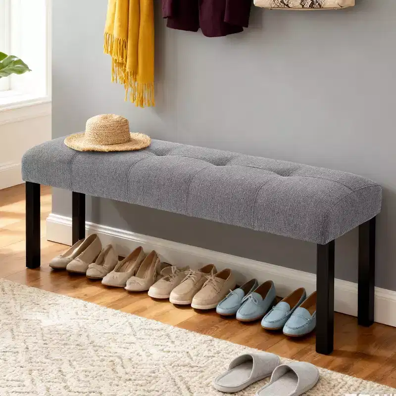 Modern Linen Bench with Tufted Upholstered Versatile Dining Chair Bench with Wood Leg Farmhouse End of Bed Bench for Living Room Bedroom