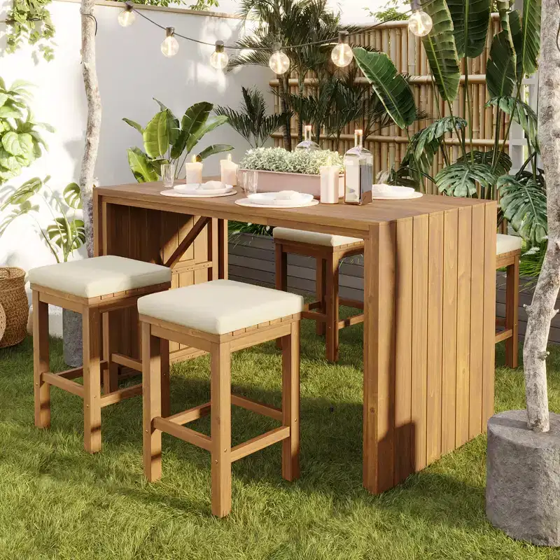CLIHOME 5 Piece Outdoor Bar Set, Patio Acacia Wood Bar Height Table & Four Stools with Cushions, Wood Dining Bar Set