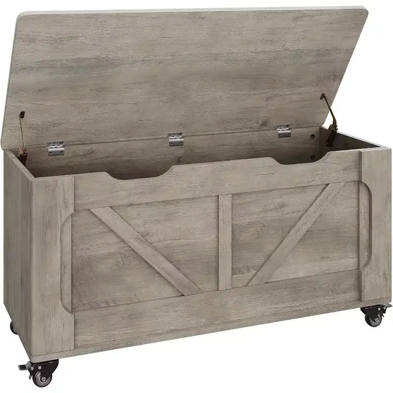 Acekool Storage Chest with Wheels, Wooden Trunk Bench 39.4 with Safety Hinges, 350 lb Support, Rounded Corners, Entryway, Living Room, Gray
