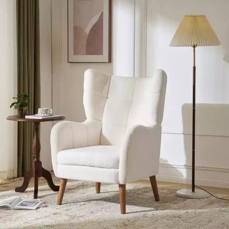 Zeus & Ruta 41 High Back Accent Chair with Thickened Upholstered, Birch Wood Legs, White