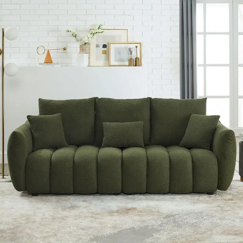 82 in Teddy Fabric Sofa Couch with 3 Back Pillows and 3 back Cushions Solid Wood Frame