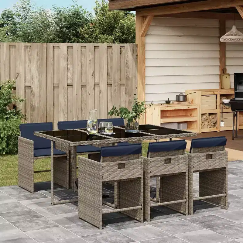 vidaXL Patio Dining Set, 7-Piece Outdoor Dining Table and Chairs, Gray and Navy Blue PE Rattan