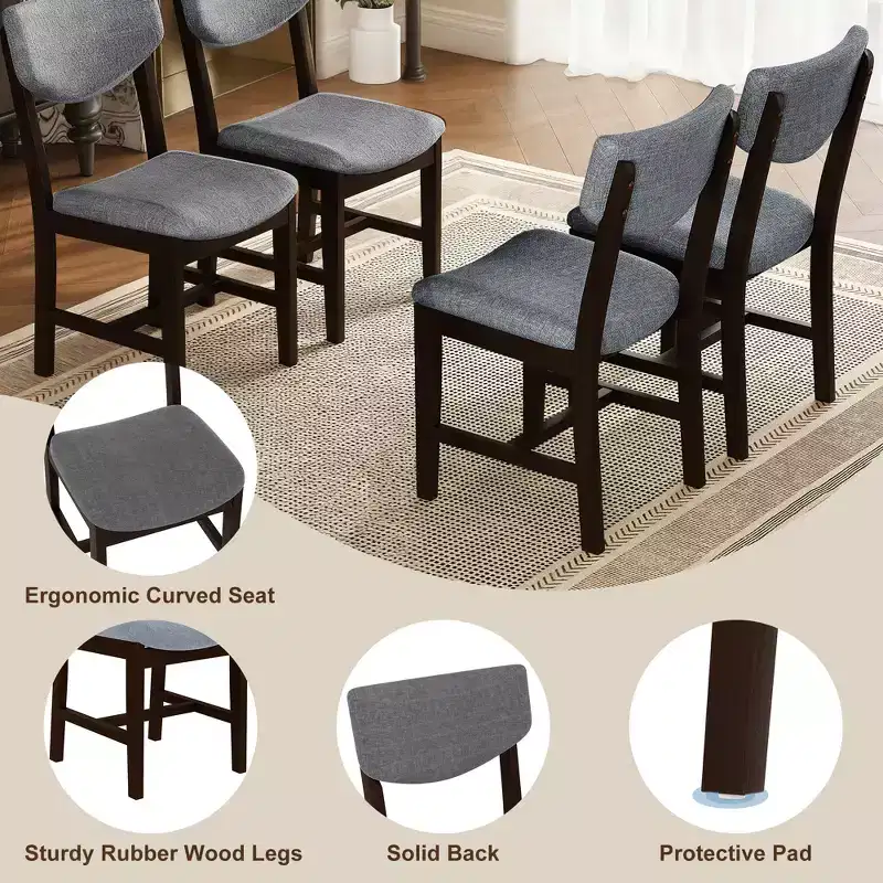 5-Piece Rustic Dining Set with Wood Table and 4 Upholstered Chairs in Espresso