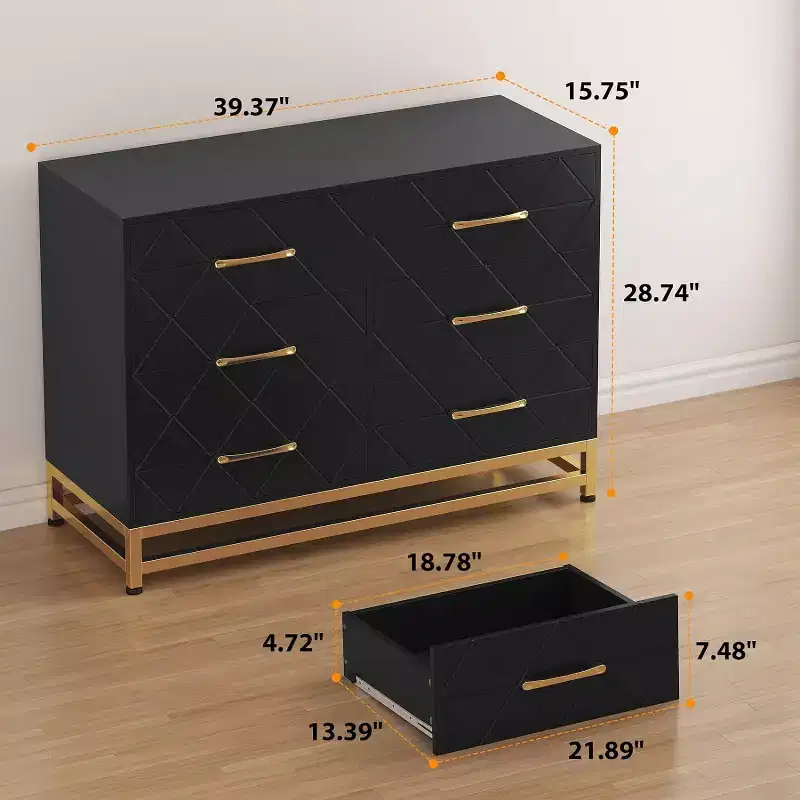 6 Drawer Dresser for Bedroom, Wooden Double Dresser with Gold Handles, Modern Chest Dresser with Deep Drawers for Living Room, Hallway