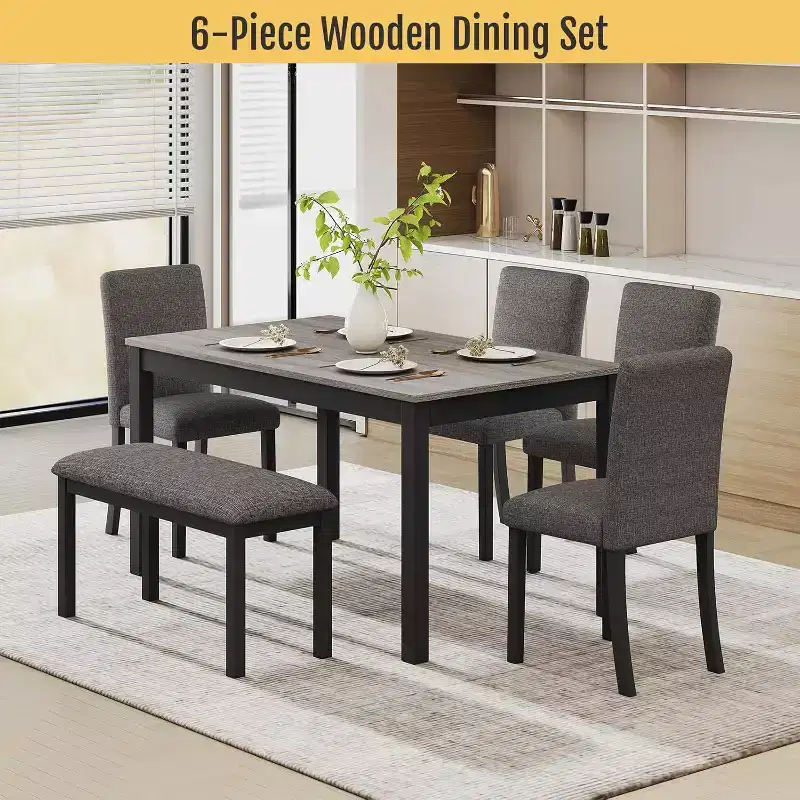 Zevemomo 6-Piece Solid Wood Dining Table Set,Including 1 Dining Table,4 Upholstered Chairs and 1 Bench,for Dining Room, Kitchen, Restaurant,Dark Grey