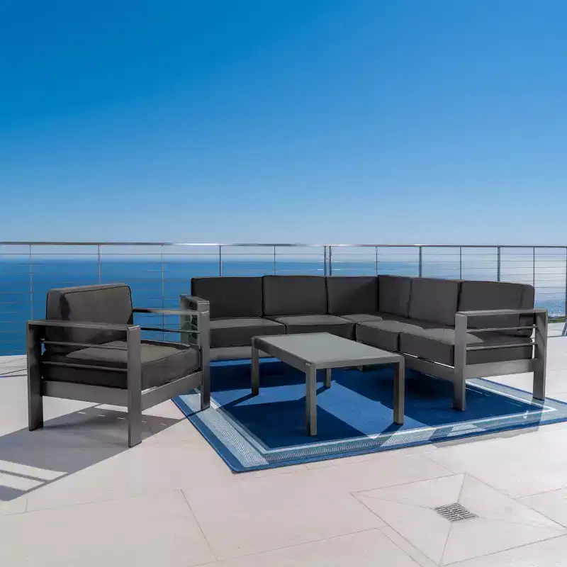 Christopher Knight Home Cape Coral Outdoor Aluminum 6 Seater Sectional Sofa and Club Chair Chat Set