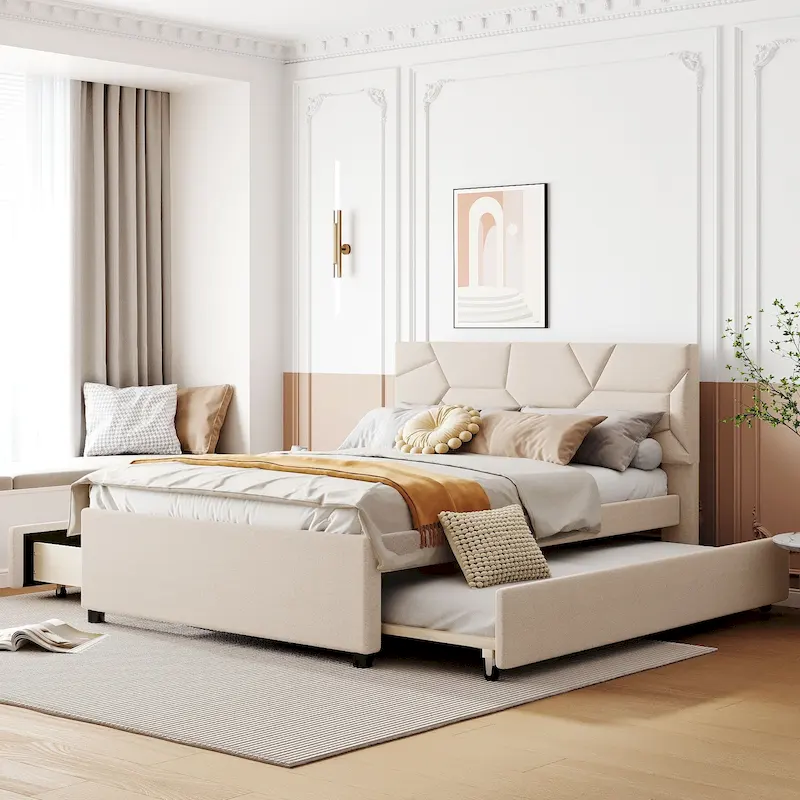 Full Size Upholstered Platform Bed with Twin Size Trundle and 2 Drawers