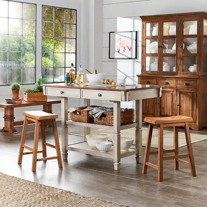 Two-Tone Kitchen Island Buffet with Drawers and Shelves