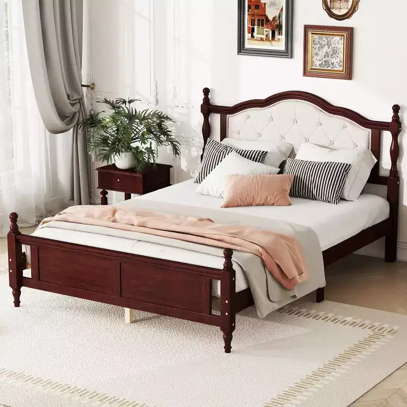 Queen Pine Wooden Bed with Upholstered Headboard and Panel Footboard