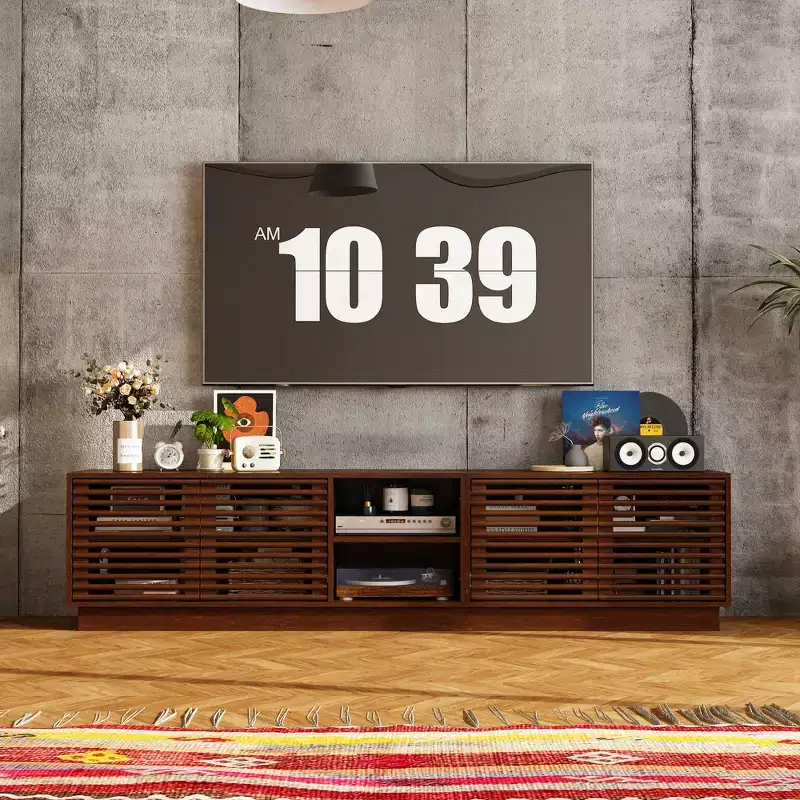 Rustic Brown Slatted-Door TV Stand Entertainment Center Media Console with Ample Storage