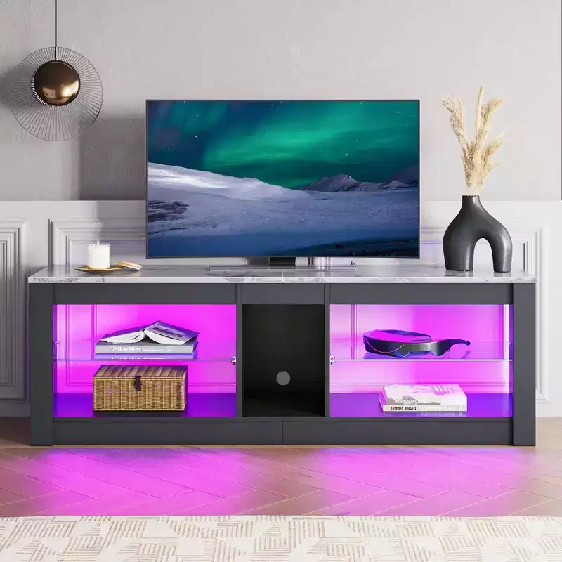 Particle Board TV Stand with Glass Shelves 18.5''H x 55.12''W x 13.78''D