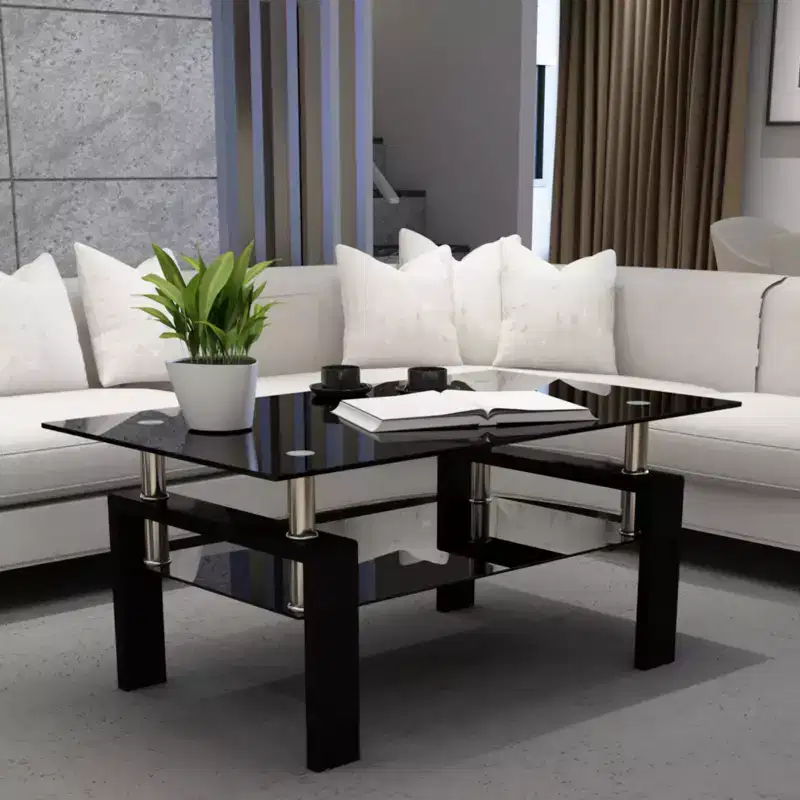 GDFStudio Henri Modern Rectangle Tempered Glass and Iron Coffee Table with Shelf