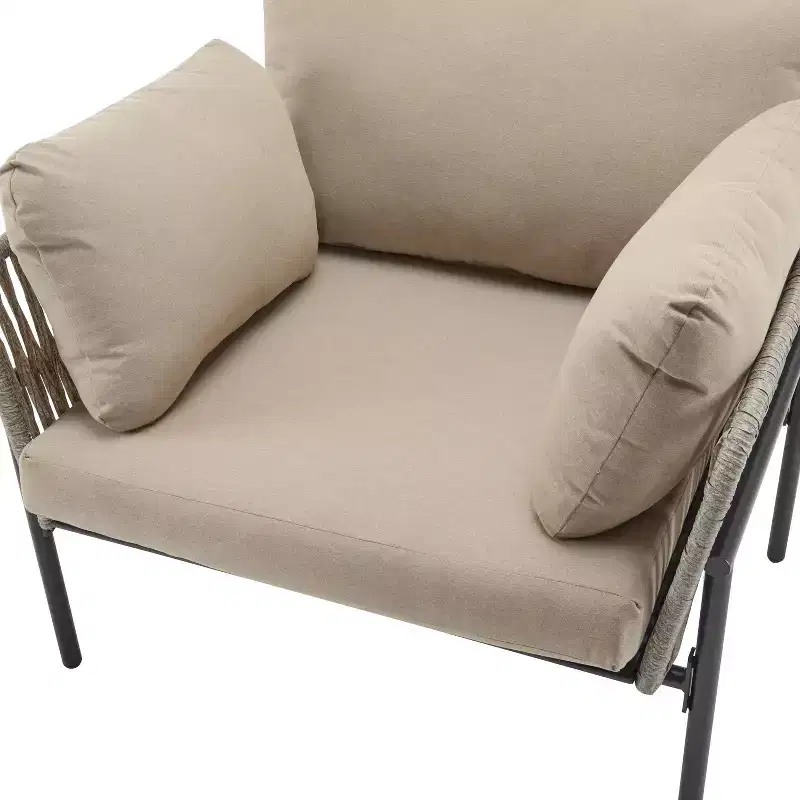 36W Patio Accent Chair Lounge Chair Arm Chair with Cushions, Pillows and Stylish Rope-Weave Design, Iron, Beige+Grey/Natural-ModernLuxe
