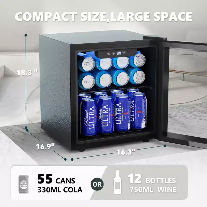 Simzlife 1.3 Cu.Ft/55 Cans Mini Beverage Refrigerator, Reversible Glass Door, Adjustable Shelves, Digital Control, Blue LED, Black