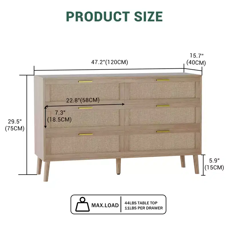 Farmhouse Natural Ratta 6 Drawer Dresser with Gold Metal Handle and 5 Strong Legs for Living Room
