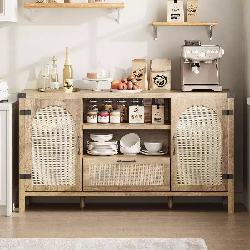 47.2 Farmhouse Buffet Cabinet - Rattan Decor Kitchen Sideboard with Storage for Living Room & Entryway,Natural