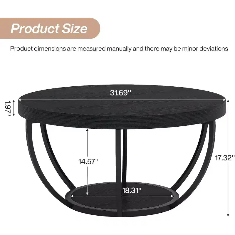 Round Coffee Table, 32 Circle Coffee Table for Living Room, Modern 2-Tier Wood Accent Center Table with Storage Open Shelves, Black