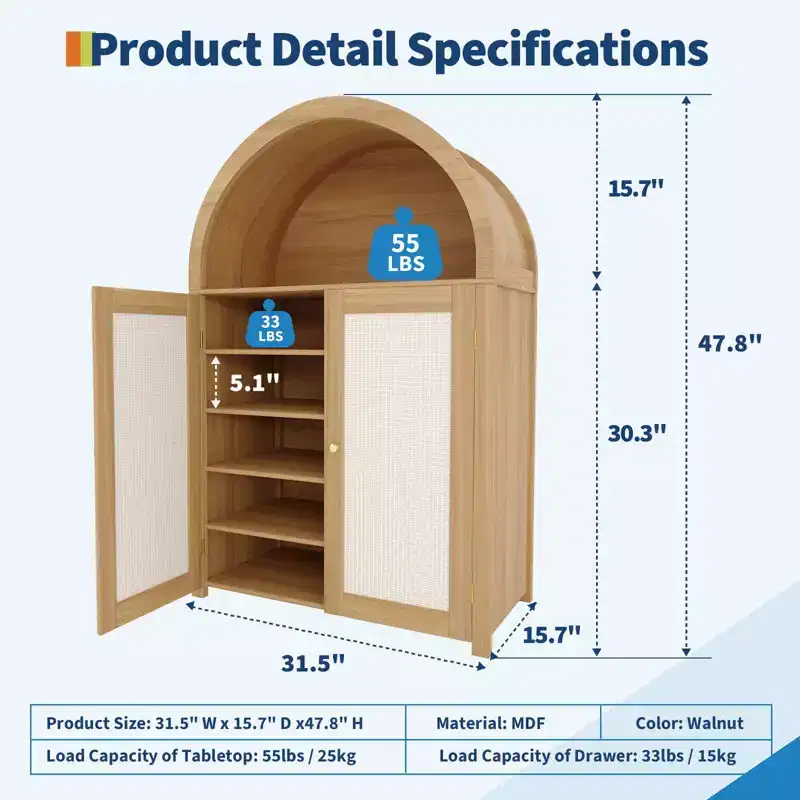 5-Tier Arched Shoe Storage Cabinet with Rattan Doors and Adjustable Shelves