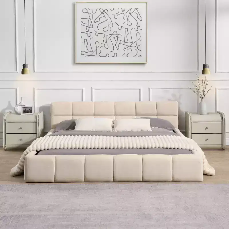 Queen/King Size Elegant Chenille Upholstered Platform Bed Frame, Checkerboard Design Bed, Beige - ModernLuxe