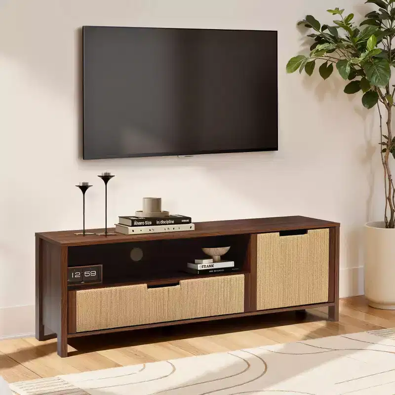LuxenHome 55 Walnut TV Stand for TVs up to 60, Woven Rope Door Panel, Small Media Console Cabinet with Drawer, Brown