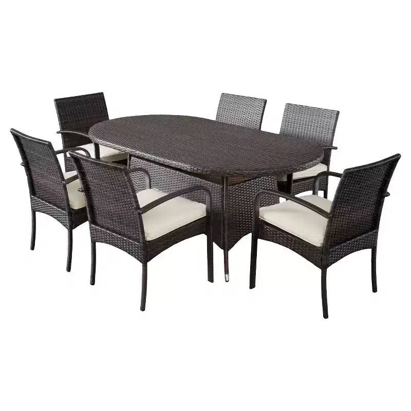 Anthony 7pc Dining Set: Outdoor Wicker, Iron Frame, 6 Arm Chairs with Cushions - Christopher Knight Home