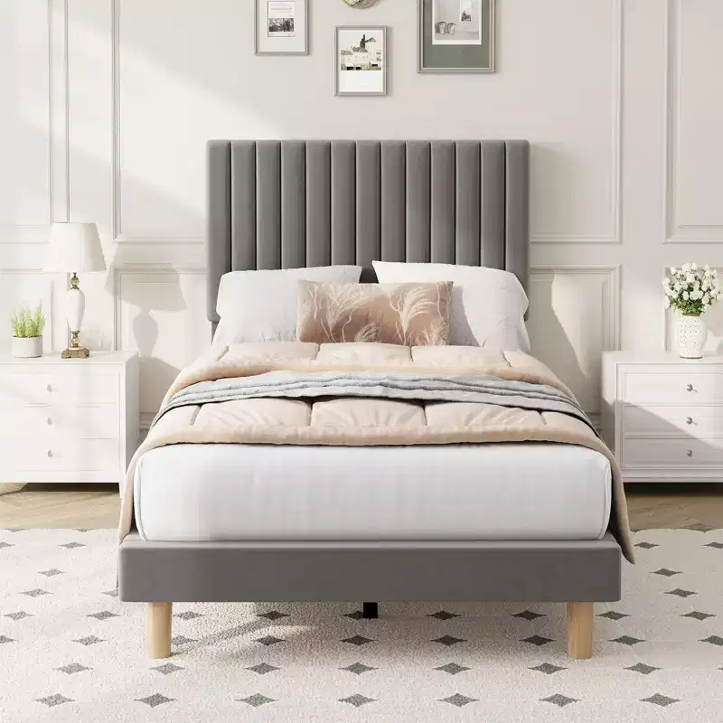 COZONY Velvet Upholstered Platform Bed Frame with Adjustable Headboard, Wood Slats Support, No Box Spring Needed, Easy Assembly