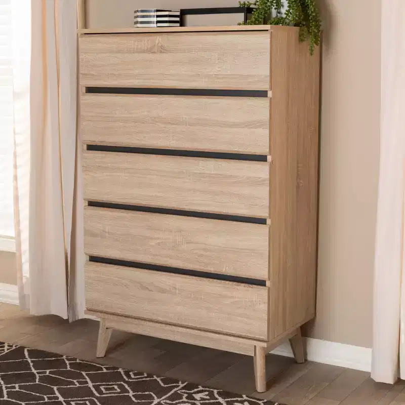Light Oak 5-Drawer Chest with Tapered Legs, Mid-Century Style