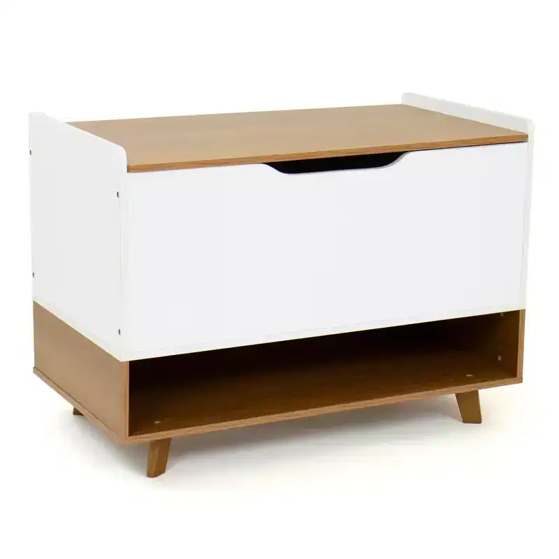 Mid-Century Kids' Toy Chest with Soft Close Lid and Storage Shelf Wood/White