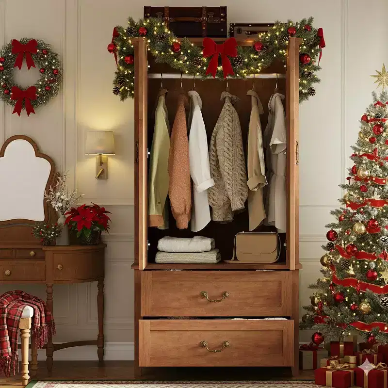 V Shape Armoire Wardrobe Closet with 2 Doors and 2 Drawers, 71.06 Farmhouse Wooden Tall Bedroom Storage Cabinet with Hanging Rod, Large Capacity