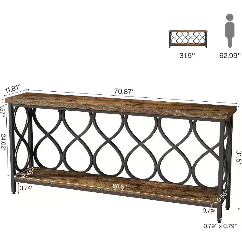 Lantine 70.9 Industrial Console Sofa Table, 2-Tier Entryway Accent Table for Living Room, Hallway, Entry, Rustic Brown