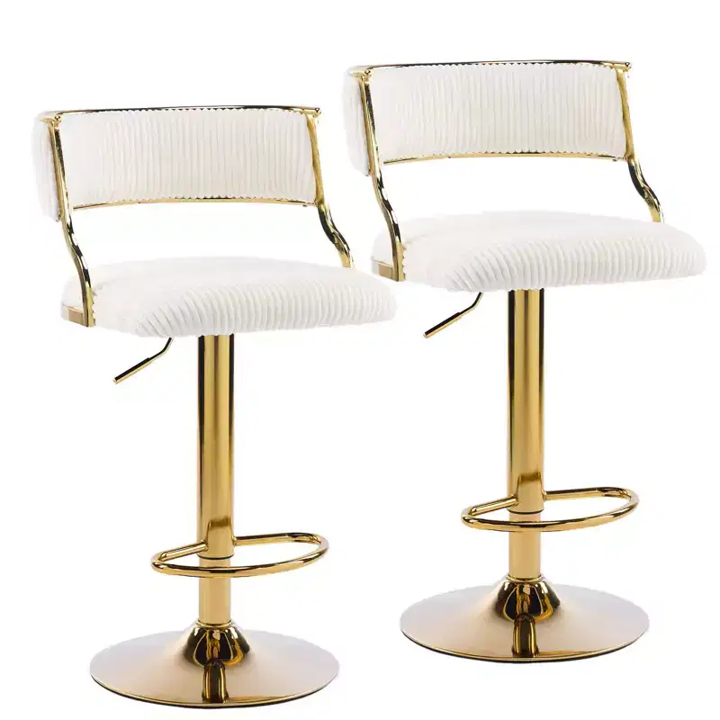 Karl Home Cream Corduroy Upholstered Adjustable Bar Stool With Gold Tone Base