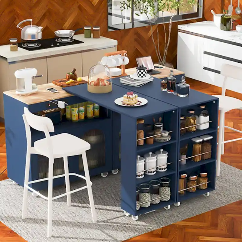 56.3 in. W Kitchen Island with Extended Table, LED Lights and Side 3 Open Shelves