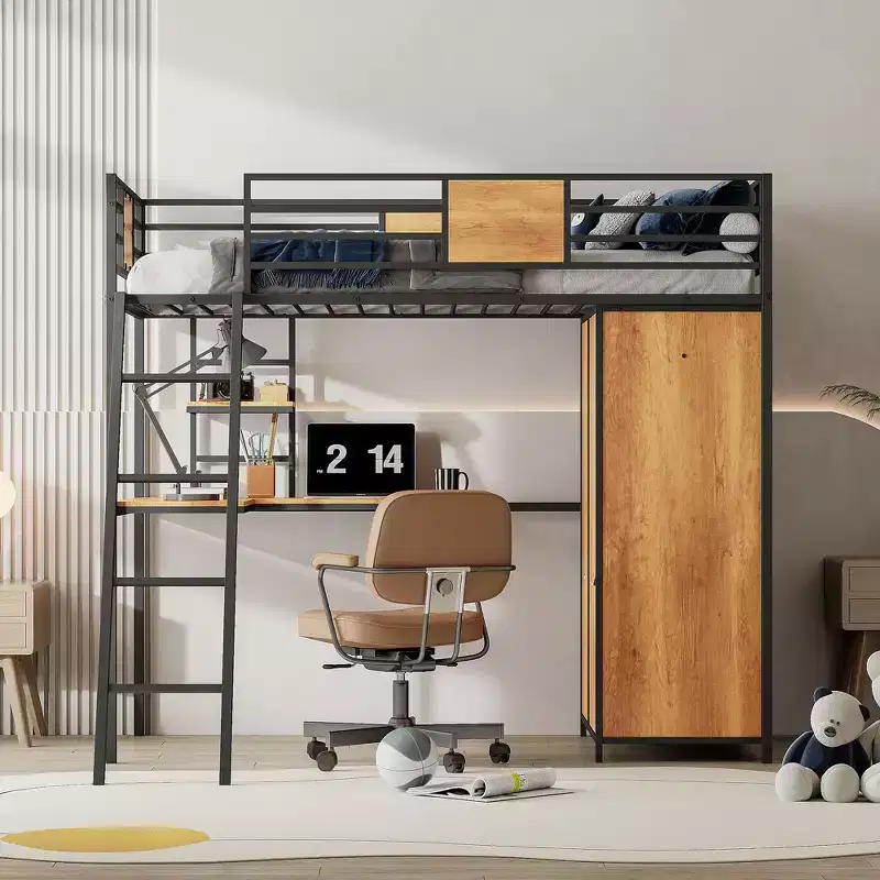 Twin Size Loft bed with L-Shape Desk and Wardrobe 4B - ModernLuxe