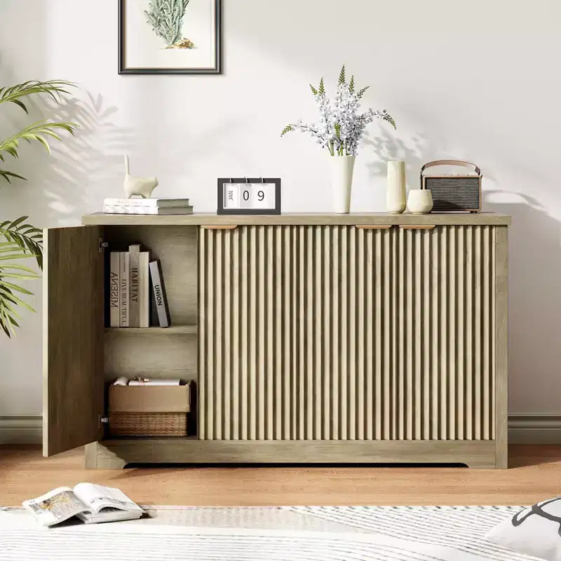 4 Doors & Adjustable Shelf,Handle,Spacious Tabletop,Modern Wood Coffee Bar Console Table