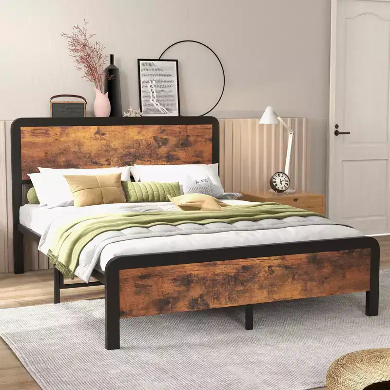 Bed Frame with Wood Headboard, Metal Platform Frame with Rounded Corner, 12 Storage Space Under