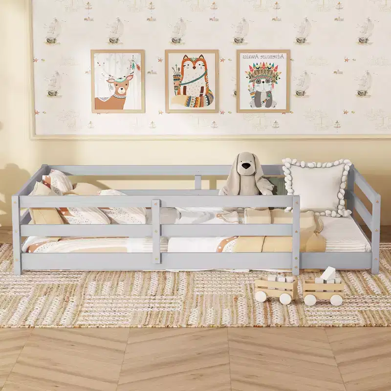 Twin/Full Low Profile Toddler Bed with Safety Rails & Solid Wood Frame - Kids Bedroom