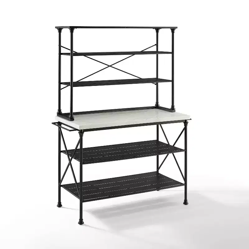 Kitchen Island Matte Black - Veneer Surface, Metal Frame, 6 Open Shelves