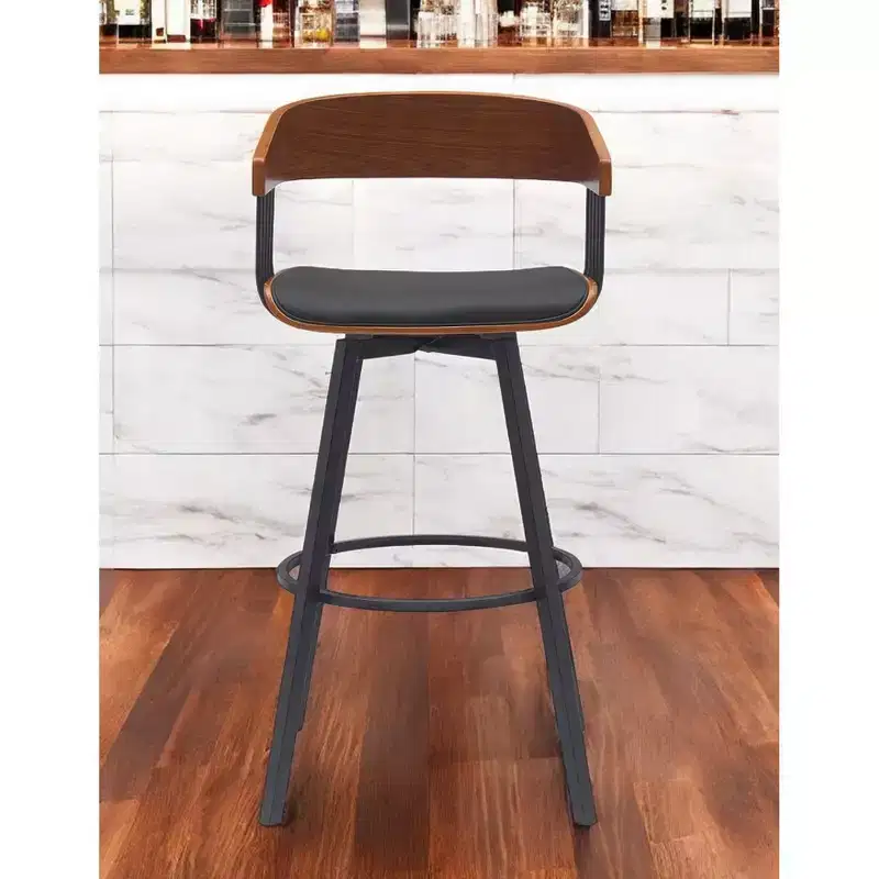 HomeRoots 31 Black Faux Leather And Metal Swivel Bar Height Bar Chair