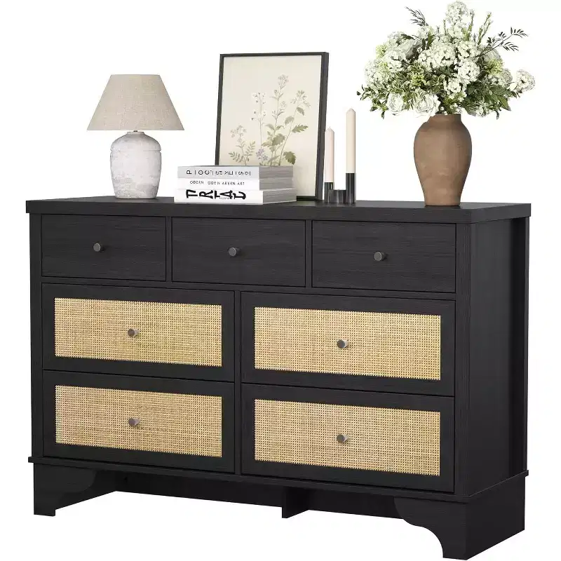 47.3 7 Drawer Dresser with Natural Rattan Drawers, Wood Chest with Sturdy Base, Bedroom Storage Organizer for Living Room & Entryway