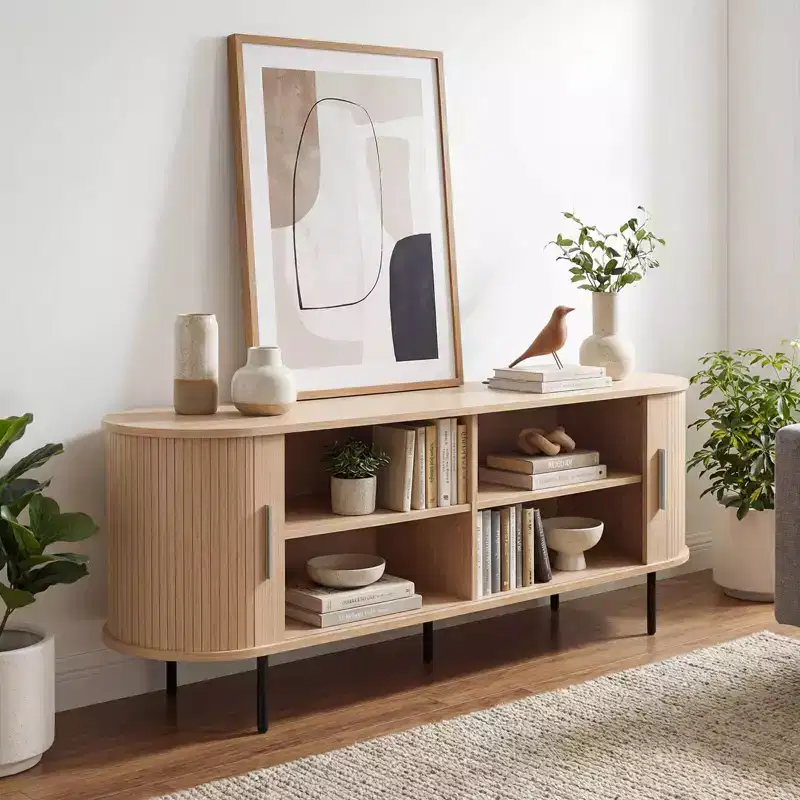 Costway Fluted TV Stand for TVs up to 60, Mid Century Curved Entertainment Center Natural/Walnut