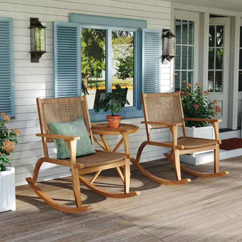 GDFStudio Antonio Patio Modern Acacia Wood Rocking Chair with Wicker Back and Seat (Set of 2)