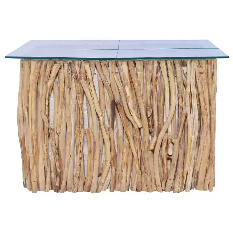 Solid Teak Wood Coffee Table – Handcrafted Square Living Room Table with Glass Top, 26x26x15.7